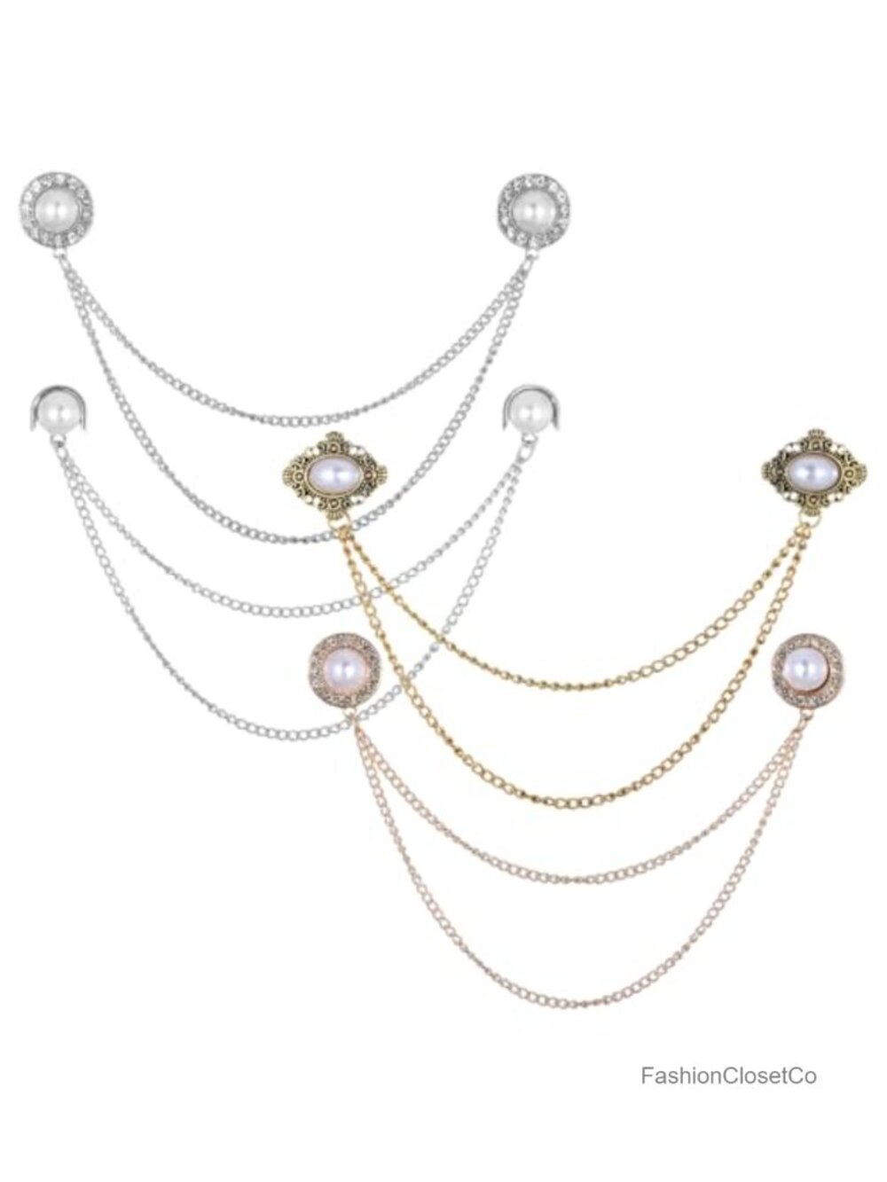 Vintage Pearl Rhinestone Brooch Pin Chain Set Sweater Shawl Clips Jewelry